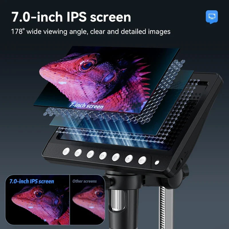 High-magnification USB digital microscope with a 7-inch screen for detailed electronic and PCB inspection.
