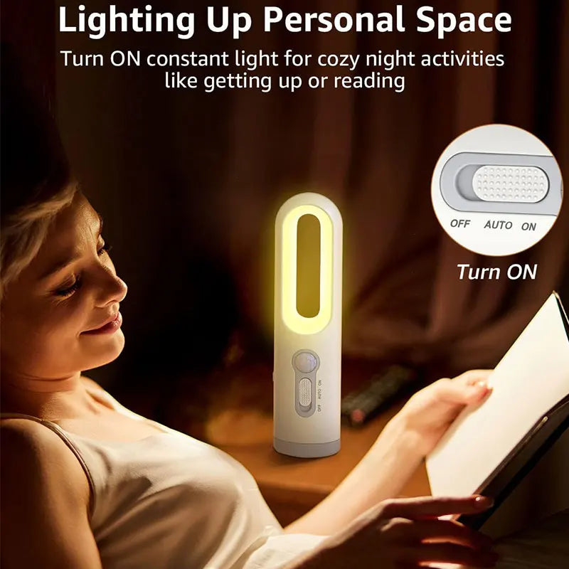 Battery-op LED dual-function: soft glow motion sensor night light for home & portable emergency torch for camping.