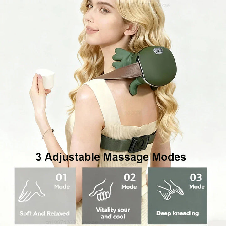 Handheld green massager for deep tissue neck & shoulder massage, effectively relieving muscle tension.