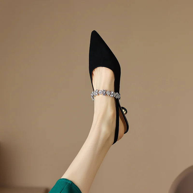 Women's evening wear crystal strap pointed toe slingback heels, glamorous party pumps.