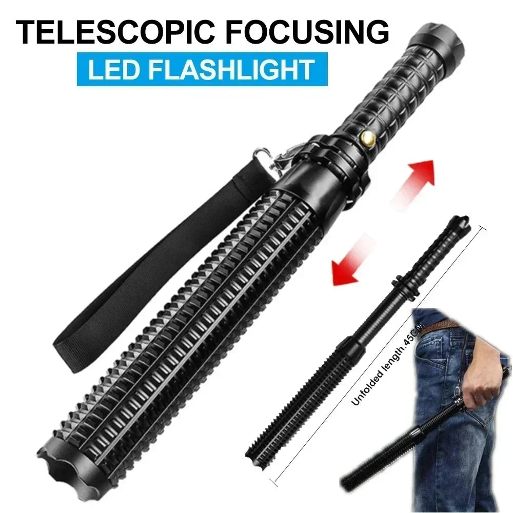 Durable heavy-duty LED flashlight, telescopic zoom & adjustable focus for reliable outdoor utility.
