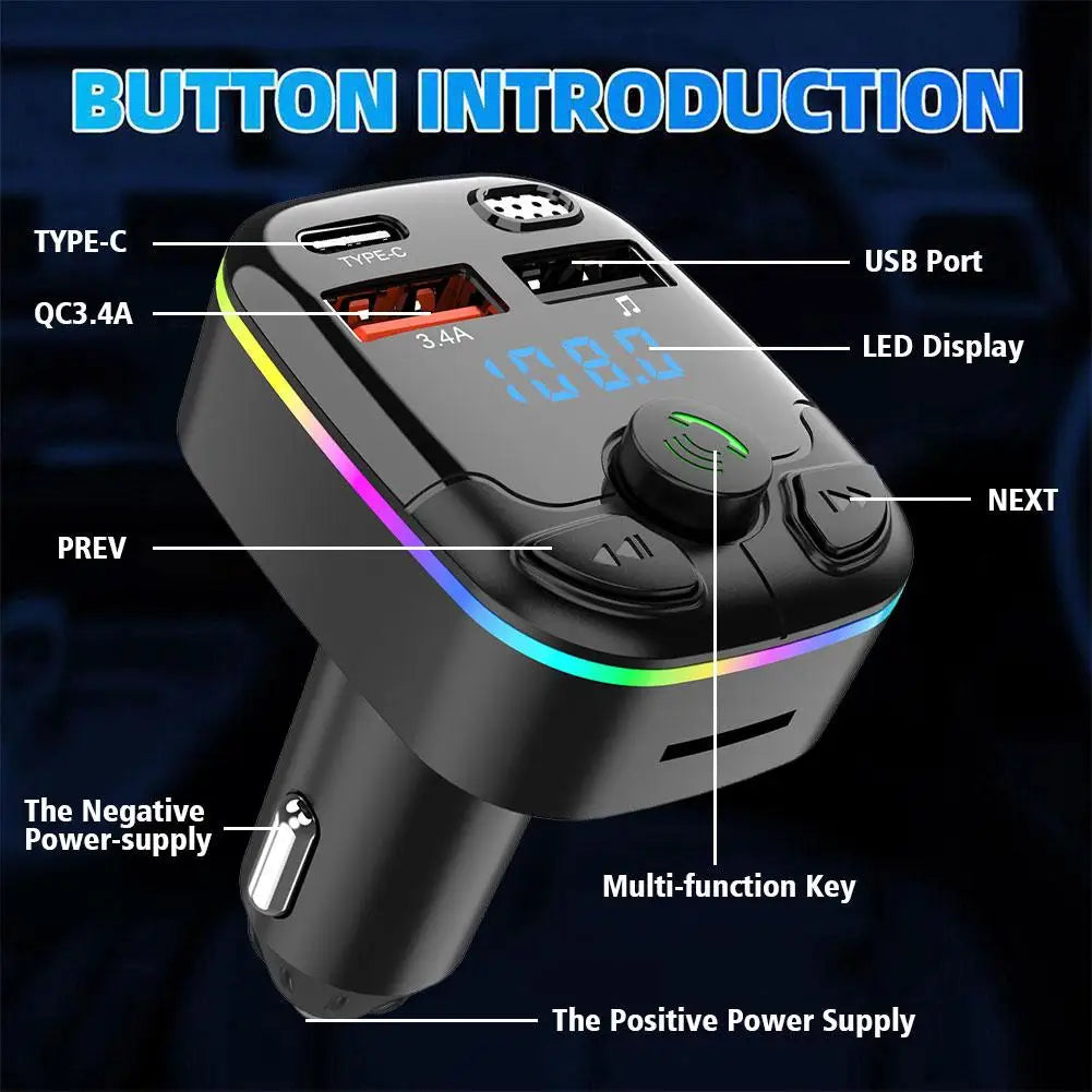 Tavvitaimp18 in-car tech: Bluetooth FM adapter & rapid car charger for USB-C/QC3.0 devices & audio streaming.