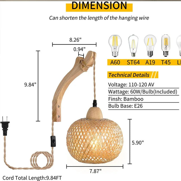 Organic bamboo & rattan wall light, handwoven sconce adds natural, rustic charm & lighting.