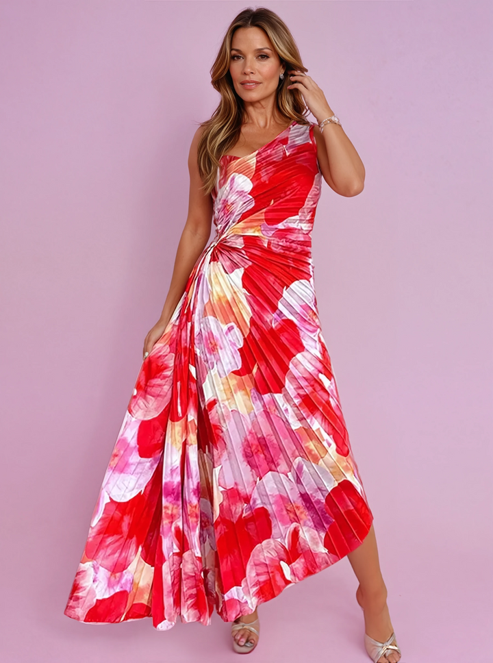 Elegant floral pleated maxi dress for women, ideal for wedding guests & formal occasions.