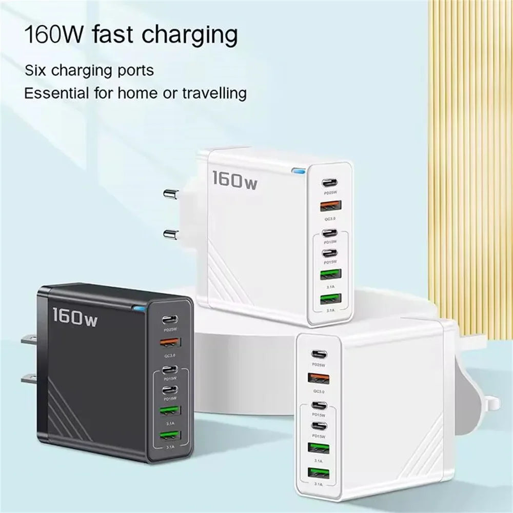 Declutter with 160W USB-C fast charging hub. Multi-port universal charger replaces multiple wall adapters.