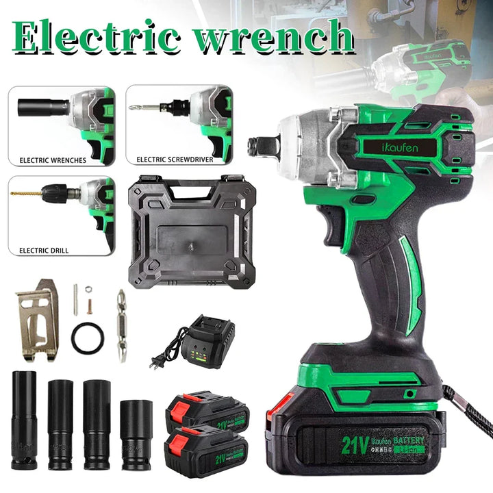 Powerful 21V green cordless impact wrench, perfect for automotive repair, tire changes, and car maintenance.