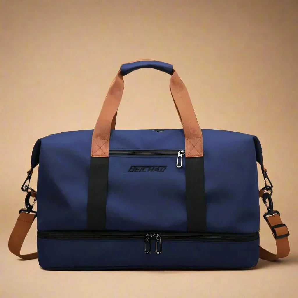 Stylish unisex duffle bag for travel & fitness, featuring multiple organized pockets and a shoe compartment.