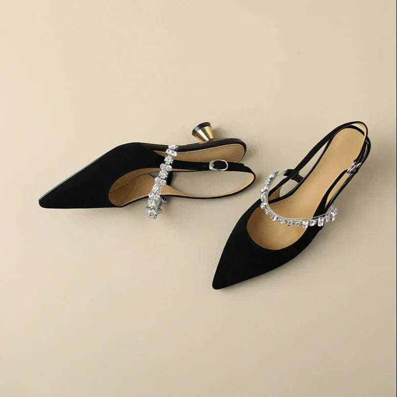 Comfortable women's pointed toe pumps, crystal strap slingback design for elegant formal events.