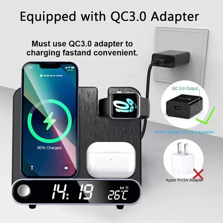 Efficient fast wireless charger for multiple devices. Qi compatible phone charging station ensures quick power.