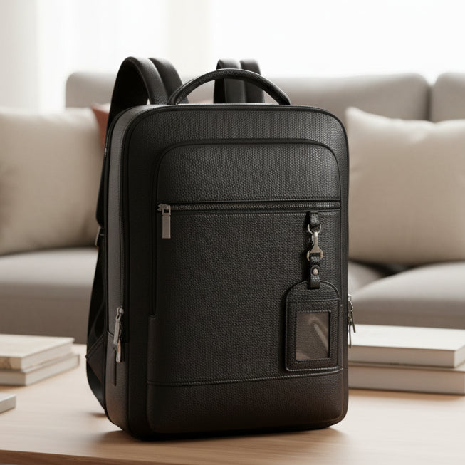 Unisex smart USB backpack in black, perfect for work, travel & daily commute, with laptop sleeve.