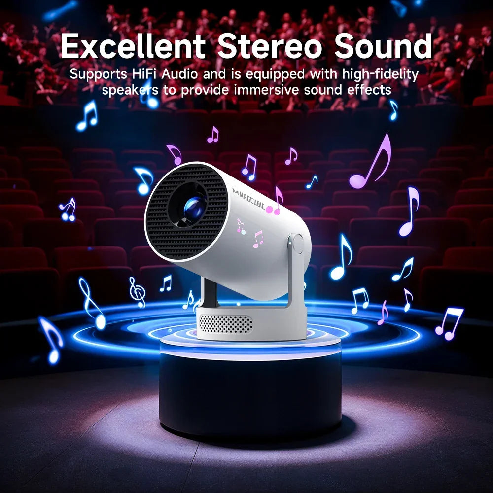 Universal portable projector setup displaying a vibrant movie scene on a large screen.