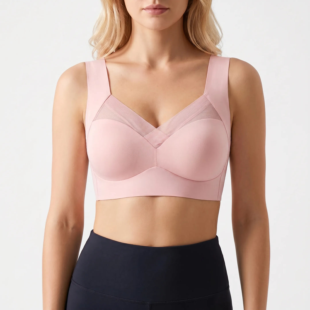 Stylish women's lingerie: a seamless, wire-free push-up bra with a breathable mesh panel for comfort.