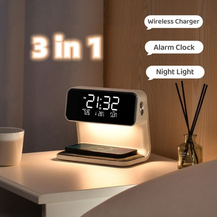 Modern LED desk lamp with fast wireless phone charger & digital alarm clock, made from durable ABS plastic.