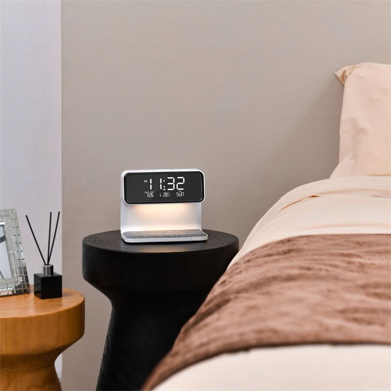 Unisex wireless charging station with adjustable LED lamp, smart alarm clock & night light function.