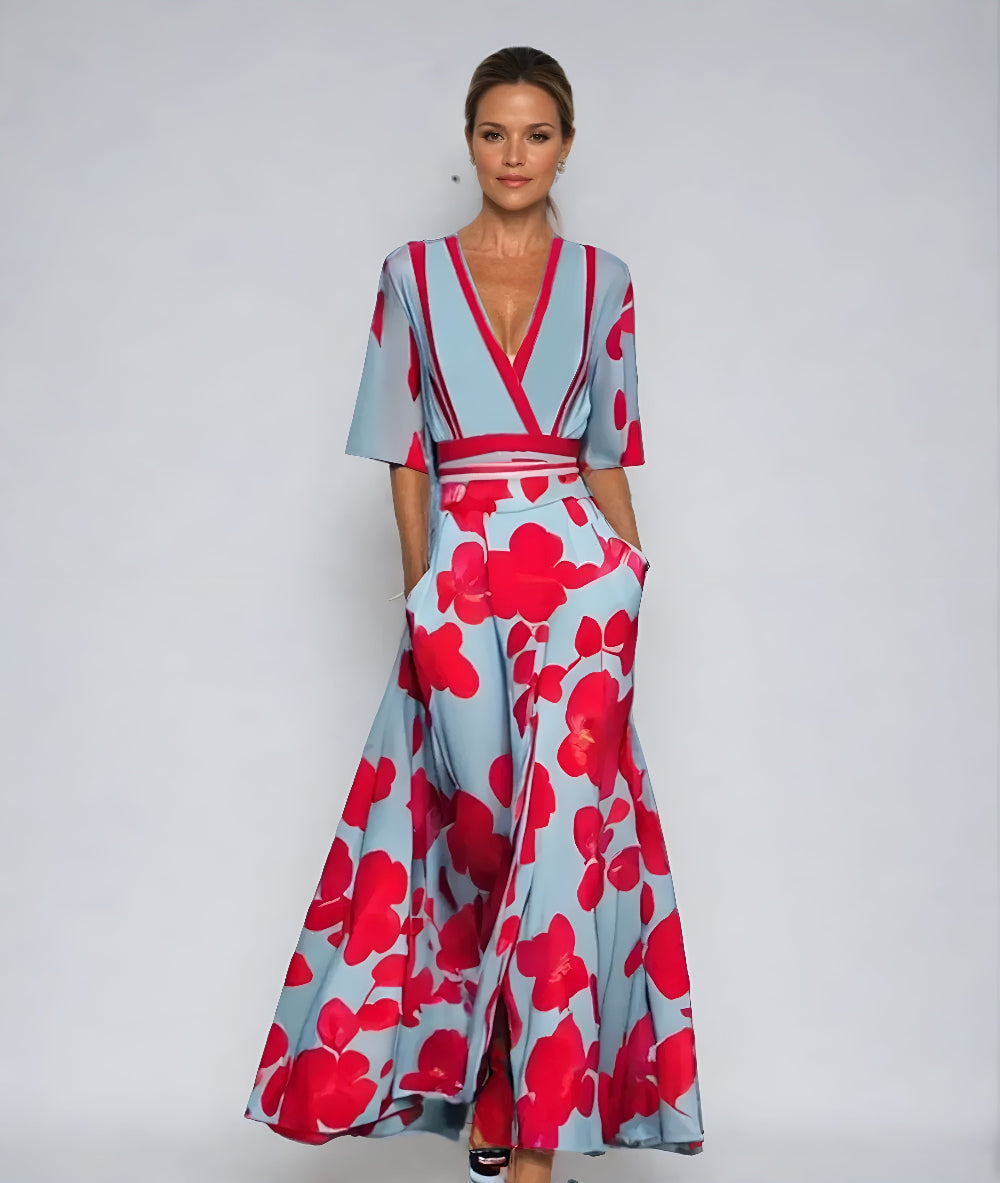 Woman wearing a flowing floral wrap dress, highlighting its versatile and effortless style for various occasions.