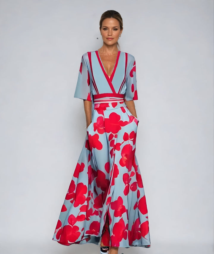 Woman wearing a flowing floral wrap dress, highlighting its versatile and effortless style for various occasions.