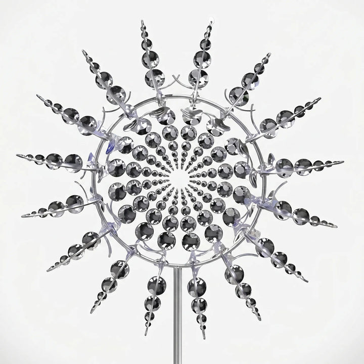 Elegant outdoor metal wind spinner sculpture for patio, garden, or landscape yard decor enhancement.