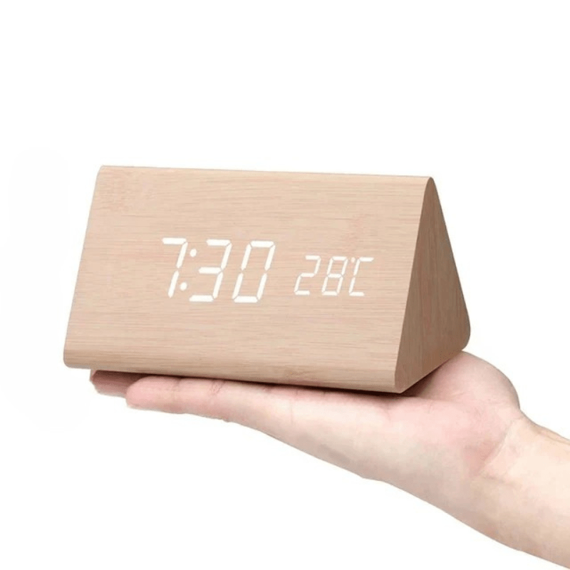 Smart wooden beam clock featuring bright LED display, voice activation, & alarm function.