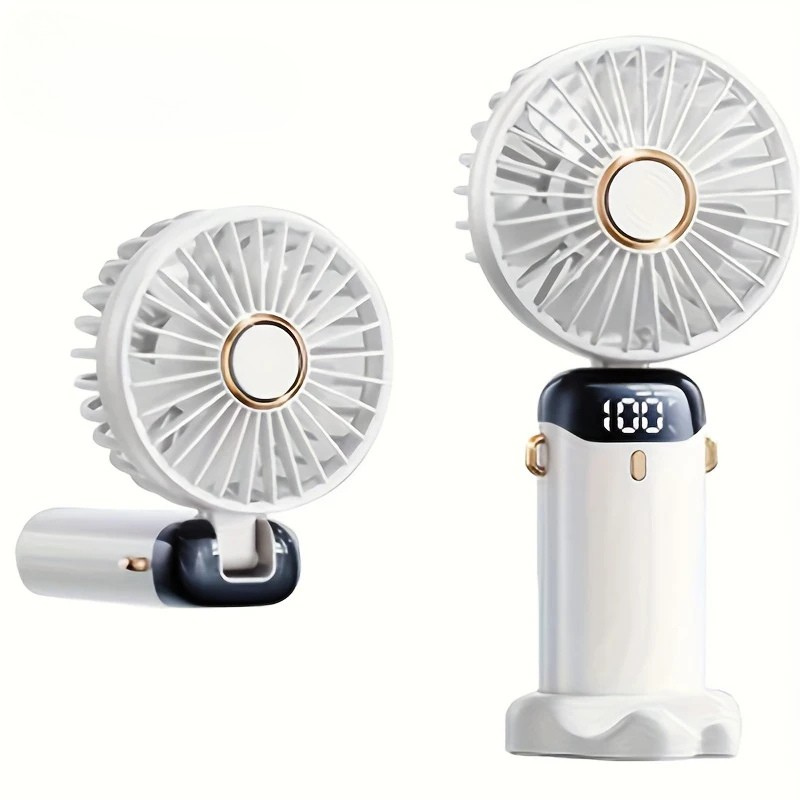 Powerful yet quiet 6-speed portable mini fan, USB rechargeable for desk or travel cooling.
