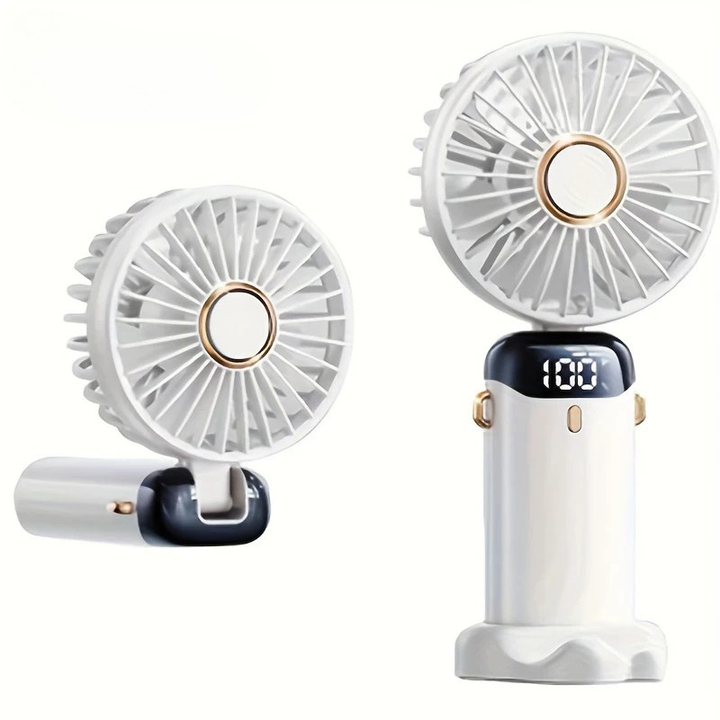 Powerful yet quiet 6-speed portable mini fan, USB rechargeable for desk or travel cooling.