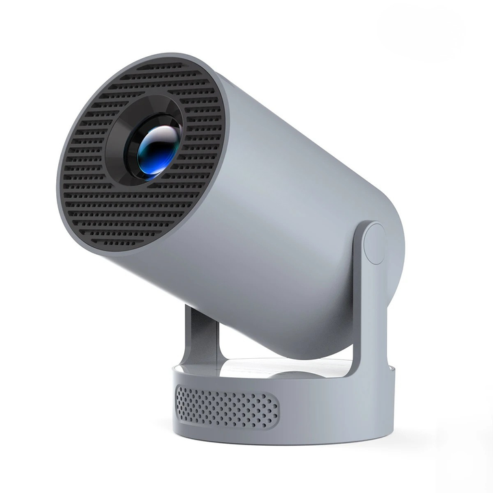 Compact grey portable projector, showing its small size, perfect for a smart home theater or outdoor use.