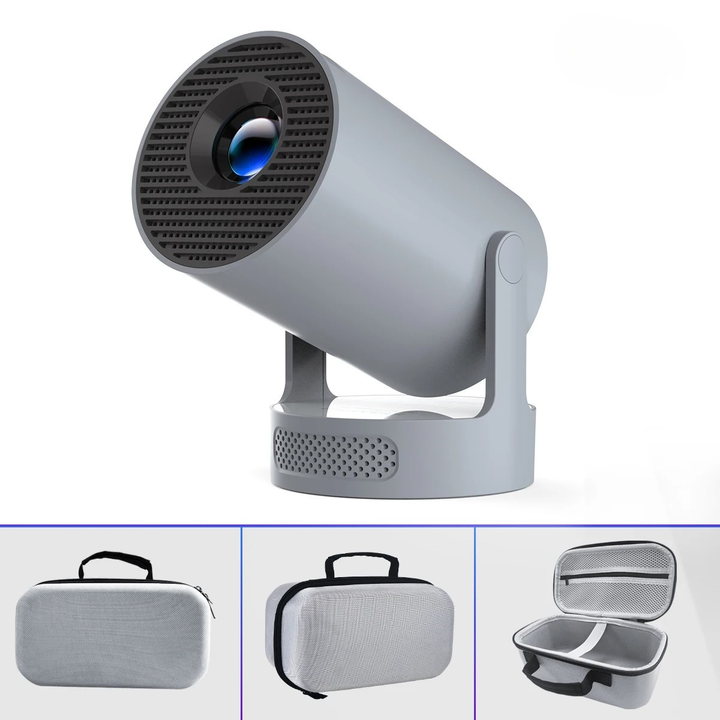 Close-up of the portable projector's lens, emphasizing its high-quality projection capabilities.