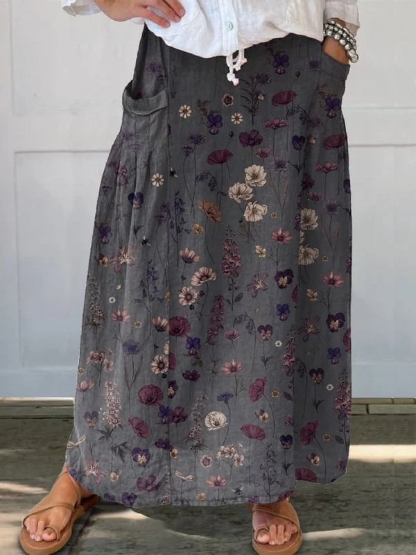 Women's elegant flower art print A-line pocket skirt, perfect for stylish summer casual wear & comfort.