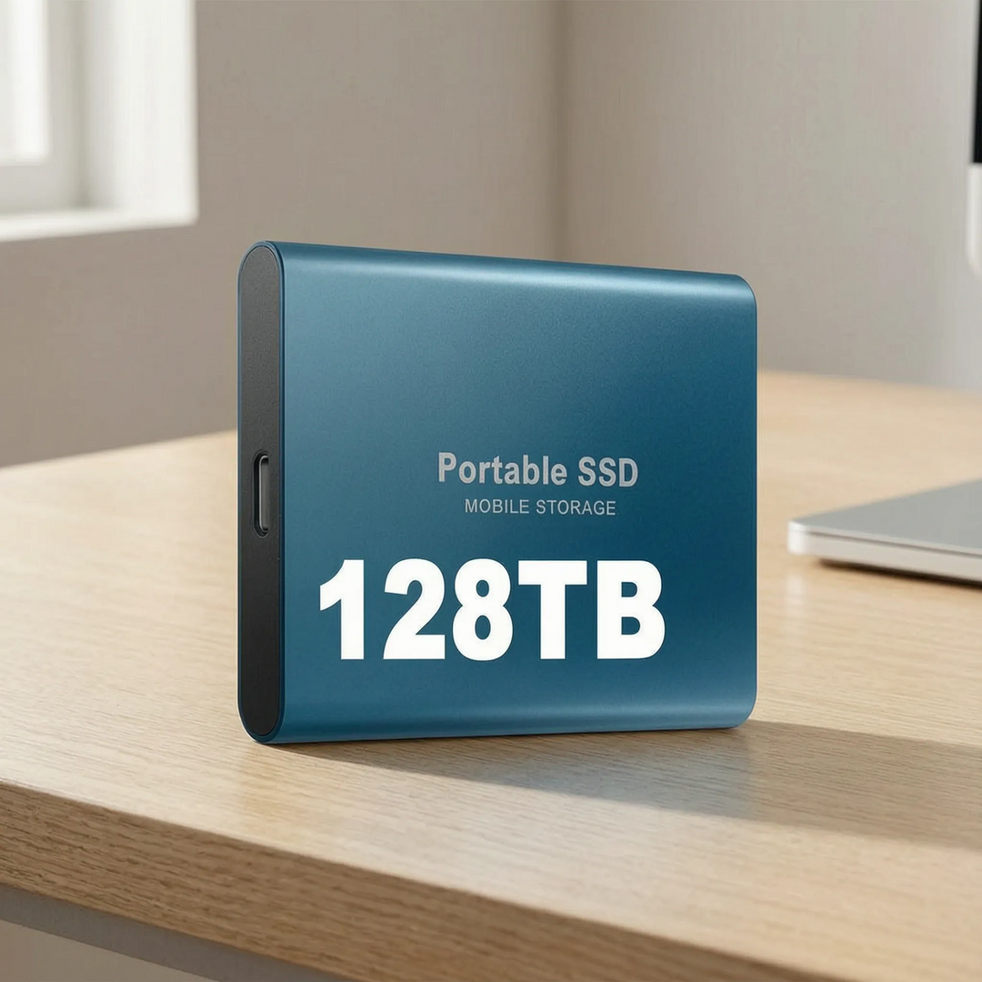 Universal portable 128TB solid-state drive for fast data transfer & high-capacity storage. Ideal for mobile backup.