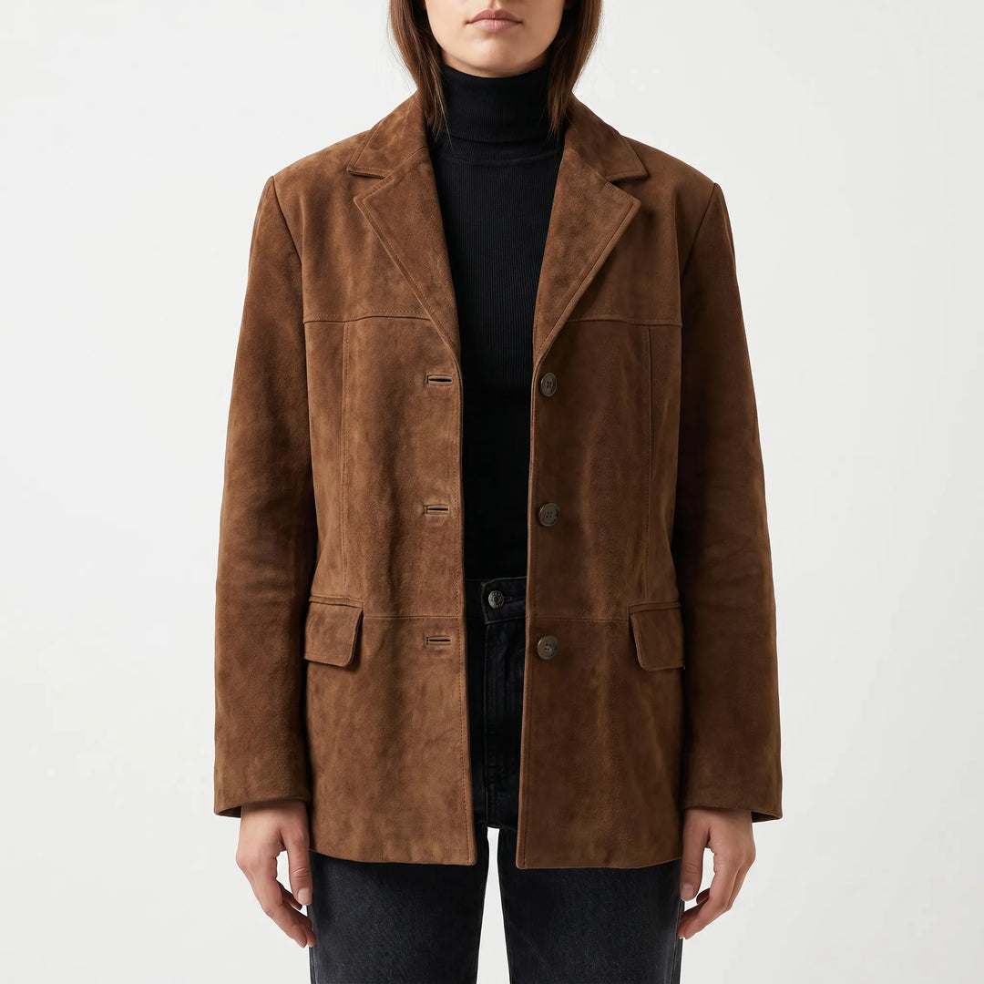 Elegant women's brown suede-effect transitional jacket with classic cut. Versatile outerwear for spring & autumn fashion.