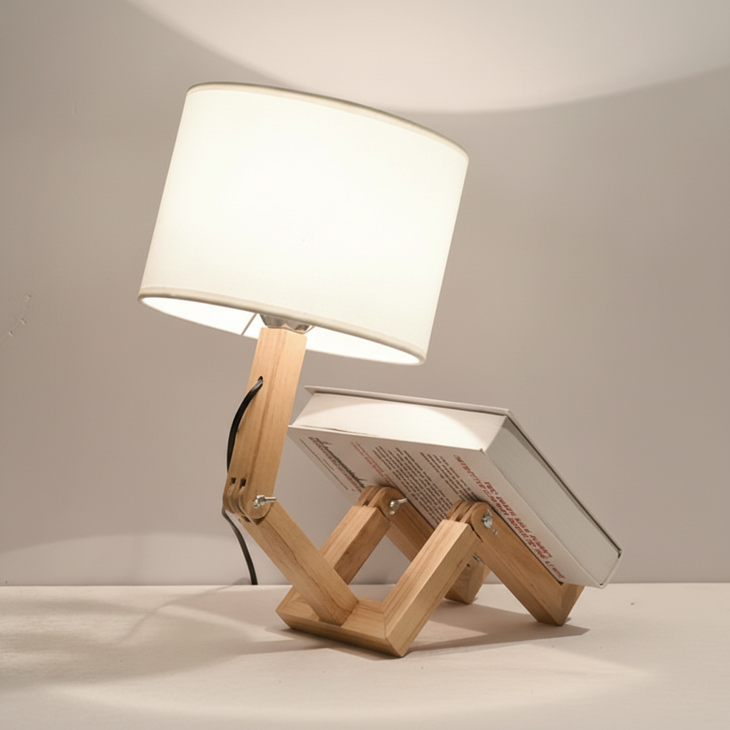 Versatile adjustable wooden table lamp featuring a fabric shade & storage. Perfect as a desk or bookshelf lamp.