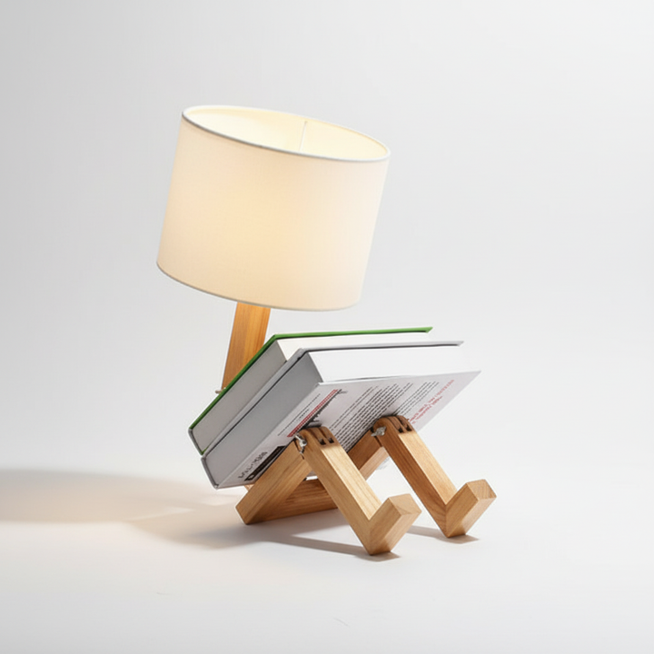 Contemporary adjustable wooden lamp with a calming fabric shade & hidden storage. Perfect for modern home decor.