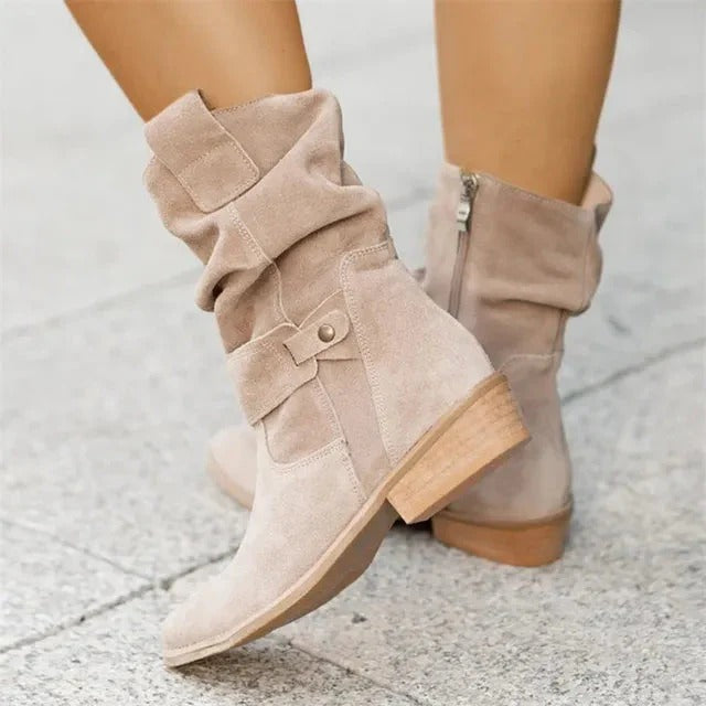Elegant women's round toe ankle boots for fall/winter fashion. Low heel, comfortable, perfect for daily wear.