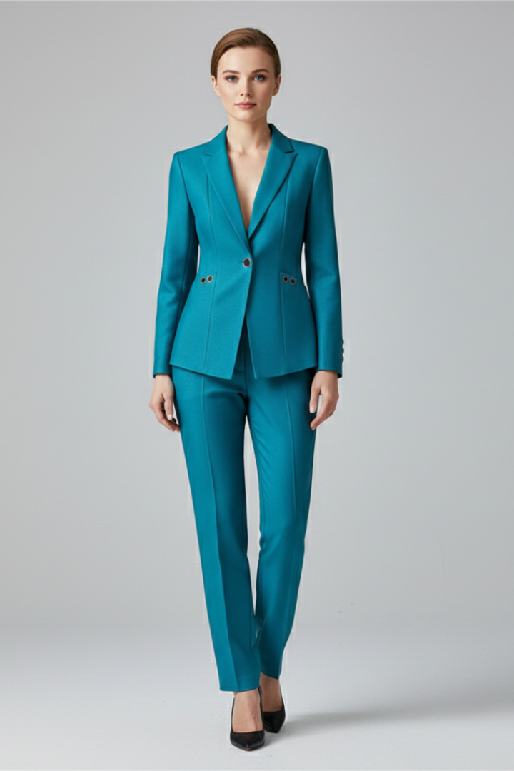 Versatile women's blazer and pant suit for office or business. Tailored fit, chic workwear two-piece.