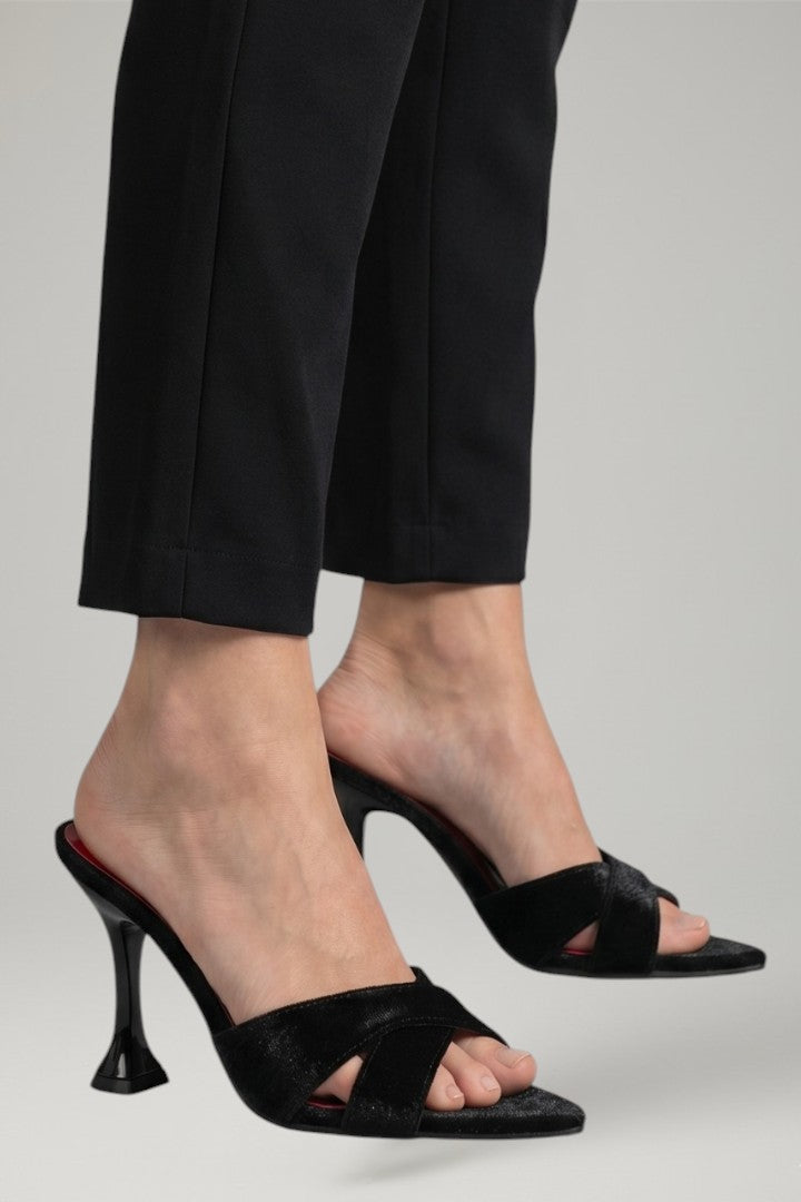 Fashionable women's black open-toe stiletto high heels. Versatile slip-on evening shoes for a stylish look.