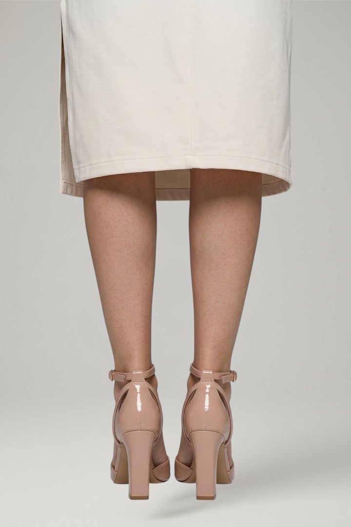 Everyday wear women's dress sandals, open toe with an elegant ankle strap and modern cone heel design.