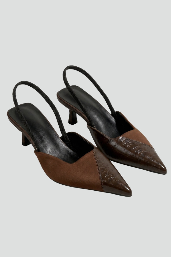 Elegant brown women's pointed toe kitten heel sandals with adjustable ankle strap, perfect for formal and office wear.