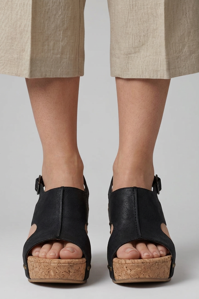 Elegant women's open-toe platform wedge sandals. Features an adjustable buckle for a perfect fit, ideal for casual outfits.
