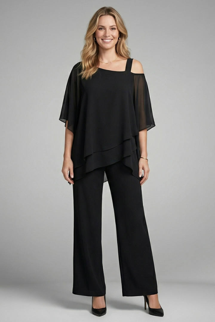 Stylish women's two-piece: modern asymmetrical top & comfortable wide-leg pants for a relaxed fit.