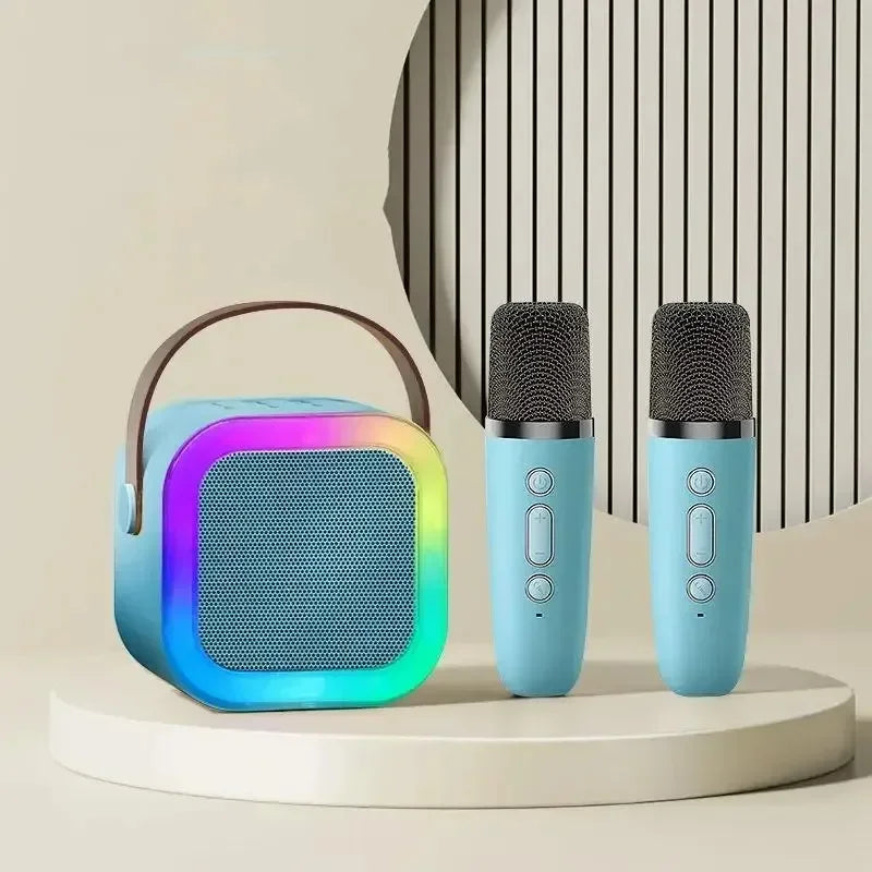 Fun kids karaoke machine with dual wireless microphones, colorful LED lights, & a powerful portable Bluetooth speaker.