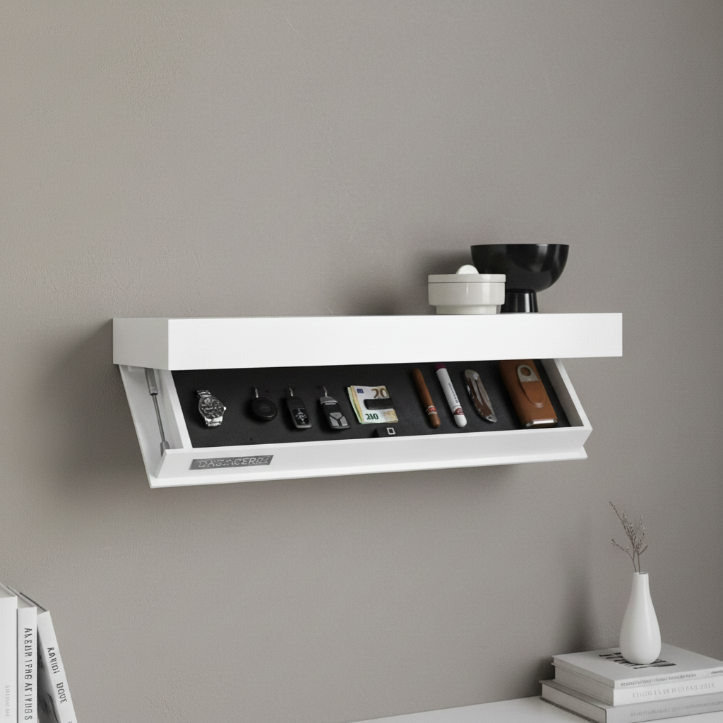Modern floating wall shelf with hidden storage compartment for minimalist home decor & organization.