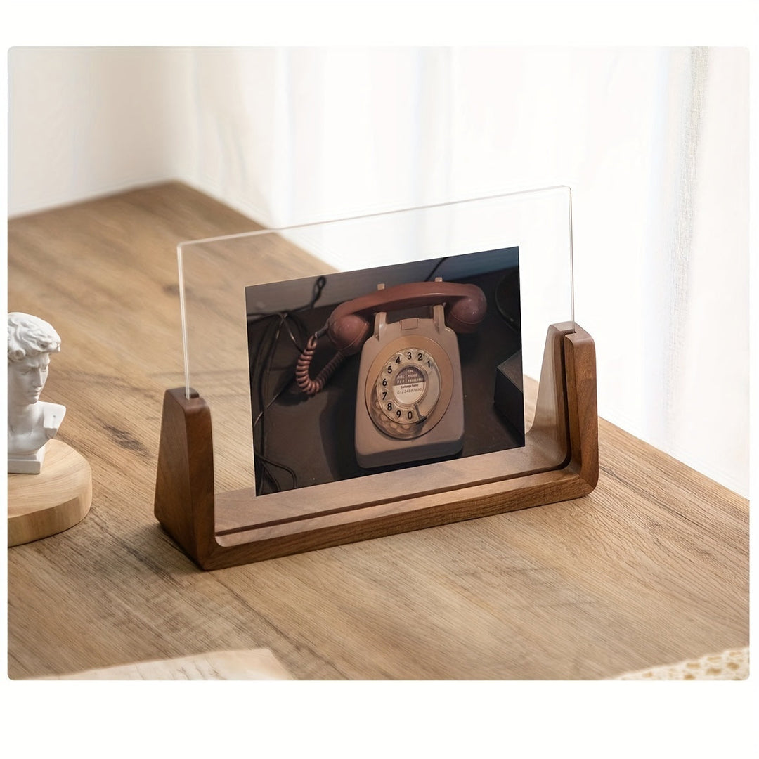 Contemporary 6-inch picture holder, clear acrylic frame with a wooden base for tabletop.