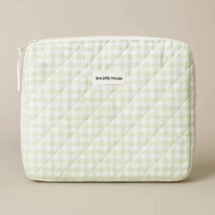 Chic women's green plaid quilted cosmetic bag for makeup & toiletries. Stylish beauty organizer & travel pouch.