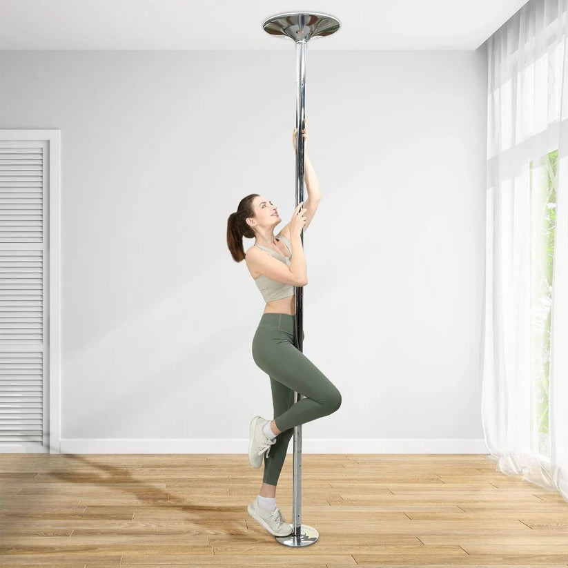 "Adjustable 45mm chrome dance pole with sleek design, perfect for spinning routines and enhancing home fitness performance."