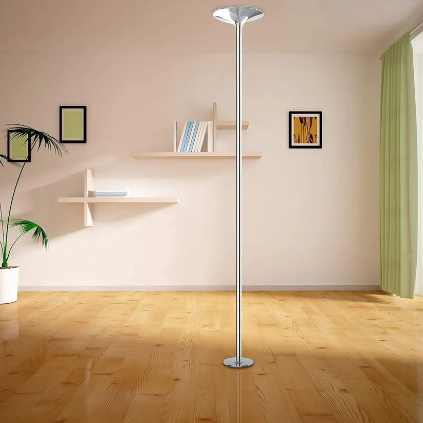 "Adjustable 45mm chrome dance pole with sleek design, perfect for spinning routines and enhancing home fitness performance."