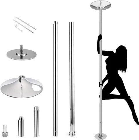 "Adjustable 45mm chrome dance pole with sleek design, perfect for spinning routines and enhancing home fitness performance."