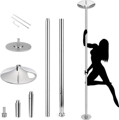 "Adjustable 45mm chrome dance pole with sleek design, perfect for spinning routines and enhancing home fitness performance."