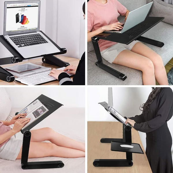 Adjustable ergonomic laptop stand with mouse pad, metal finish, versatile, and portable design for comfortable workspace.