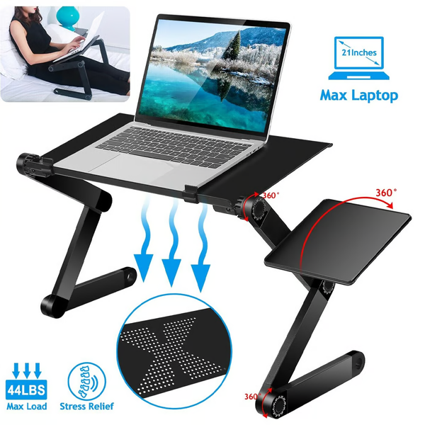 Adjustable ergonomic laptop stand with mouse pad, metal finish, versatile, and portable design for comfortable workspace.