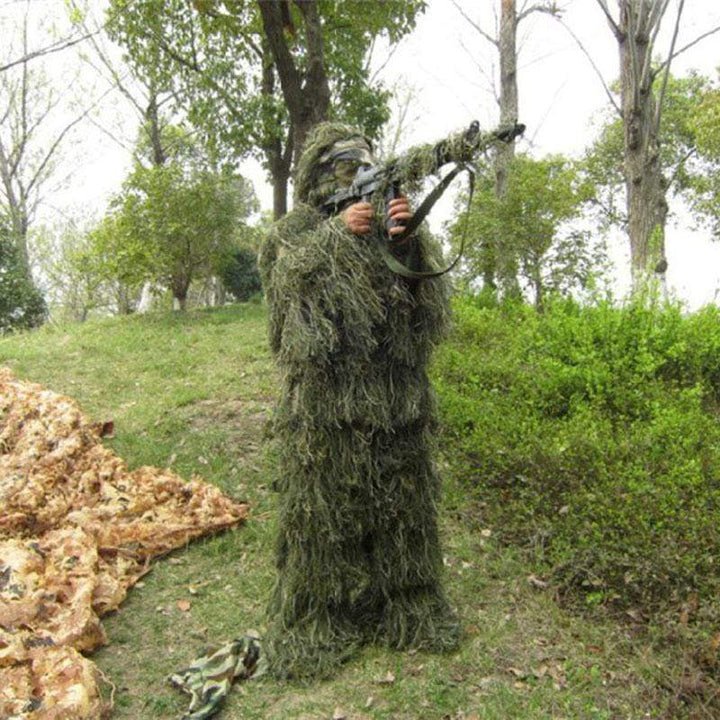 Full-body 3D camouflage ghillie suit for adults, designed for effective field concealment