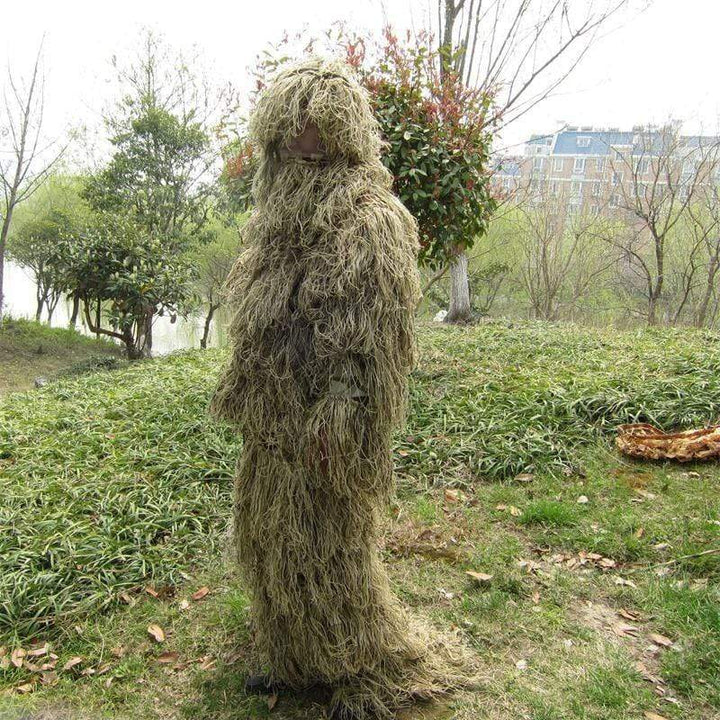 Detailed view of an adult's 3D ghillie suit, perfect for hunting, stealth, and outdoor apparel